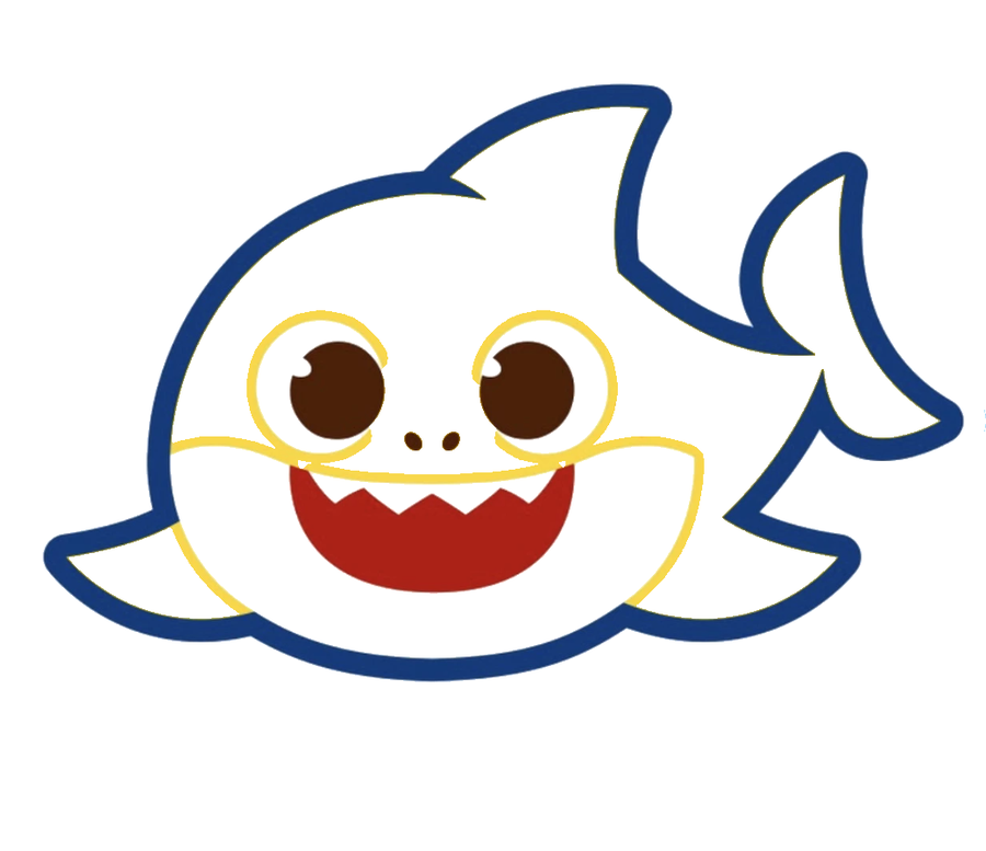 A coloring-page outline of a rounded cartoon shark character — navy blue body outline, yellow rings around the eyes and mouth, two small dark eyes, on a plain white background, ready to be printed and colored in with crayons