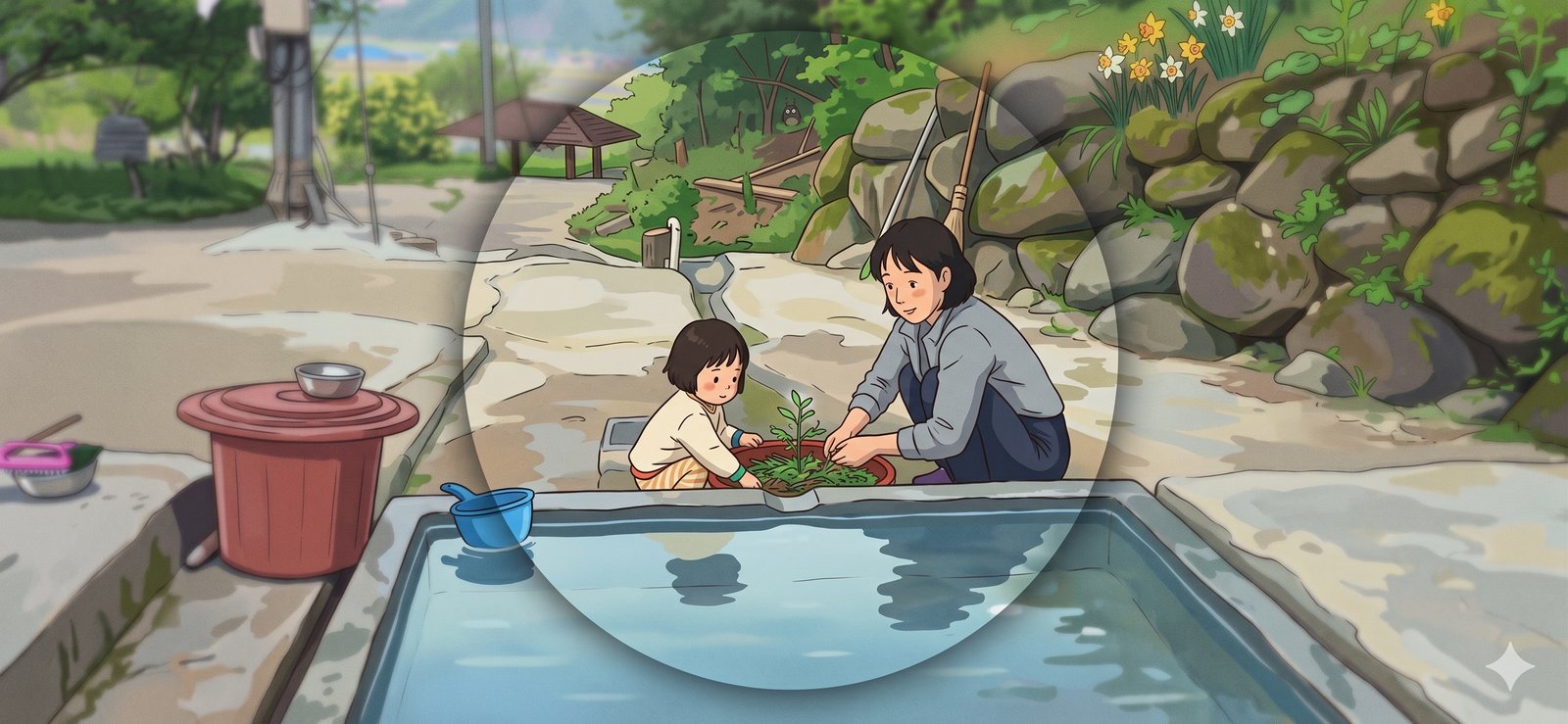 An illustrated version of the same scene at Daeheung Spring