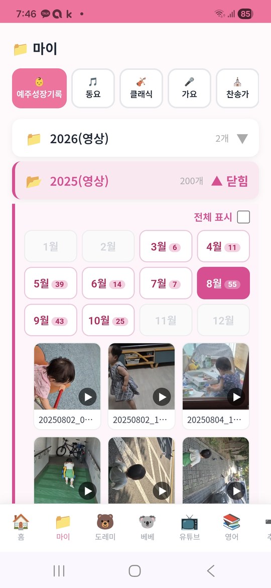 The growth records tab: 2025 expanded into month buttons, each showing how many videos it holds.