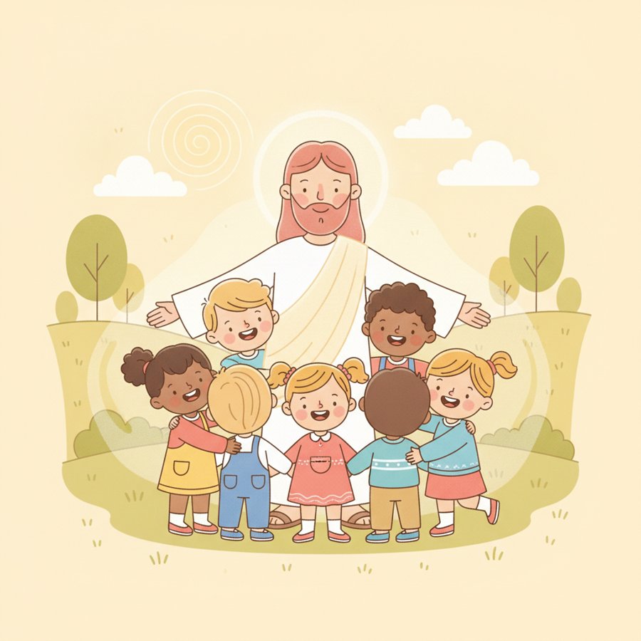 AI-generated illustration of 1 John 4:7-8 (요한일서 4장 7~8절), children hugging and holding hands under warm light
