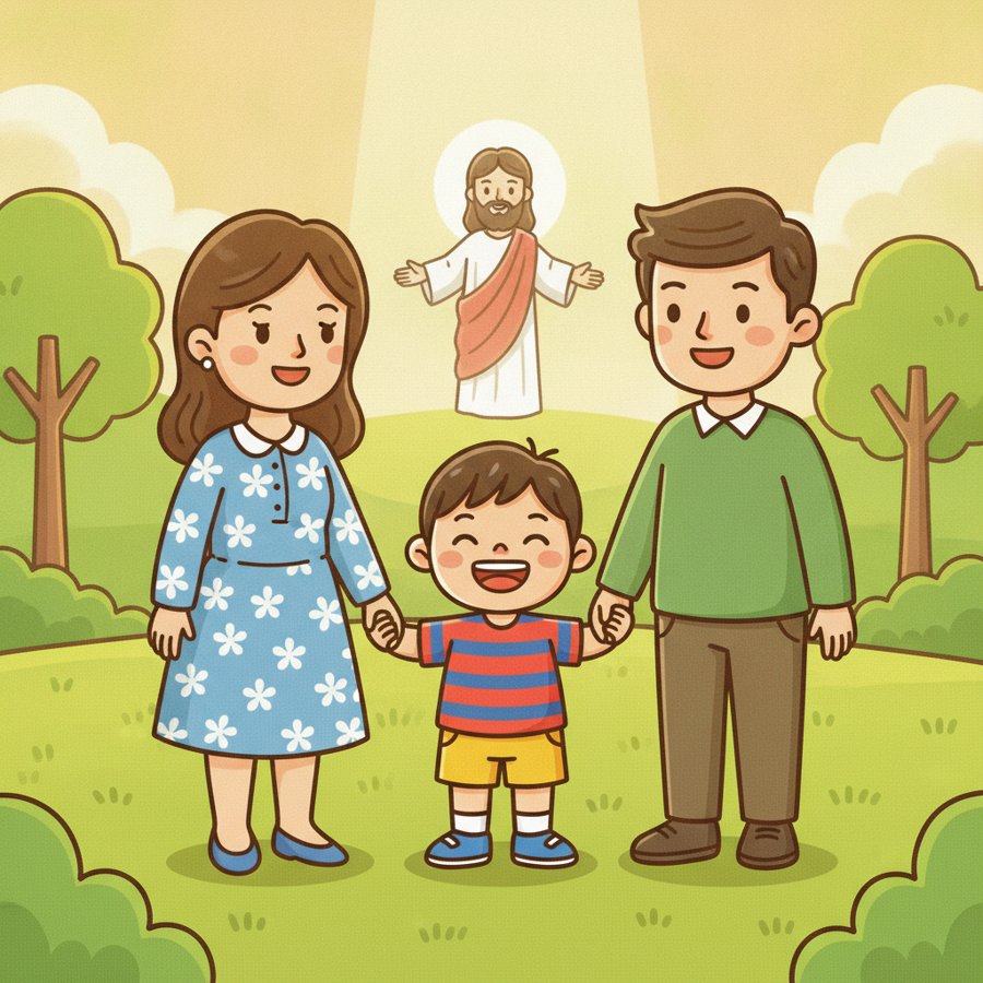 AI-generated illustration of Ephesians 6:1 (에베소서 6장 1절), a child listening to a parent with a bright smile, warm light in the background