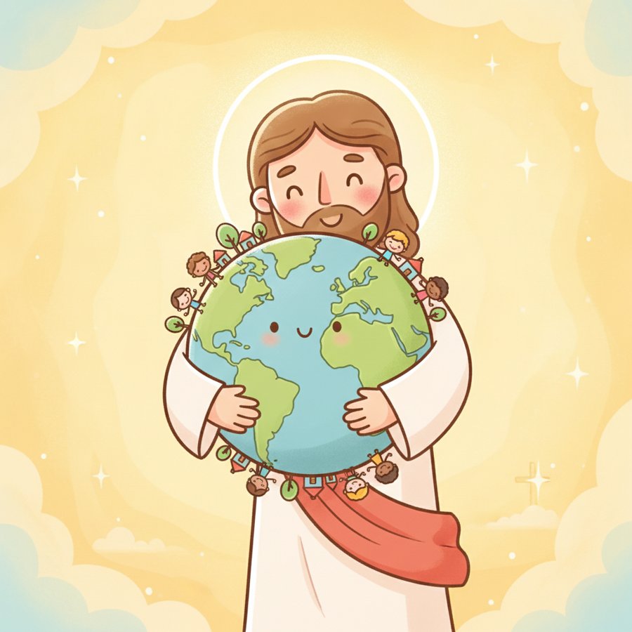 AI-generated illustration of John 3:16, warm light around the whole world