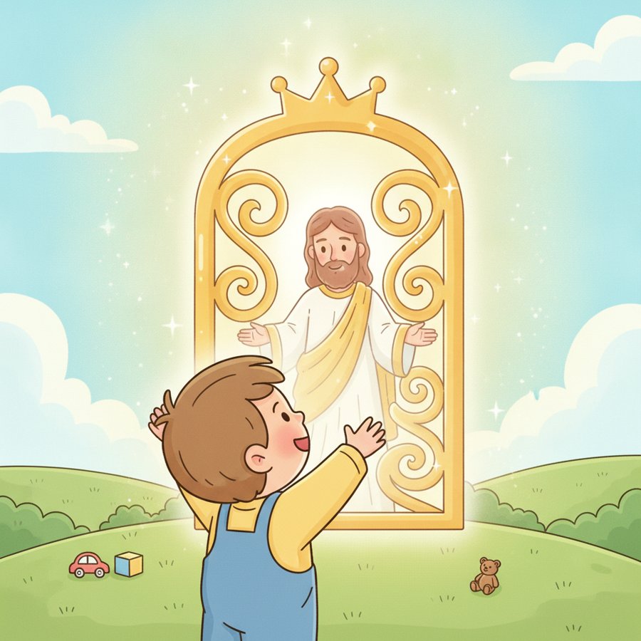 AI-generated illustration of Matthew 6:33 (마태복음 6장 33절), a child reaching toward a bright, shining kingdom in the sky, toys small in the background