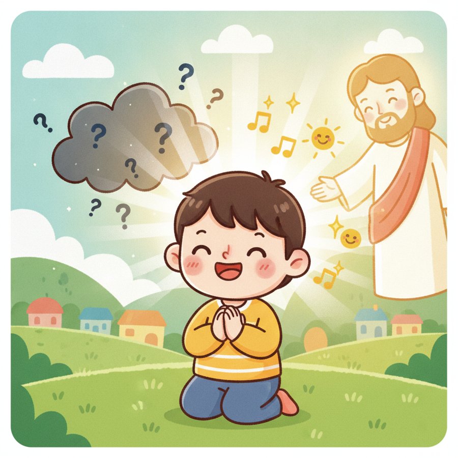 AI-generated illustration of Philippians 4:6 (빌립보서 4장 6절), a worry cloud over a child&rsquo;s head dissolving into light as small hands come together to pray