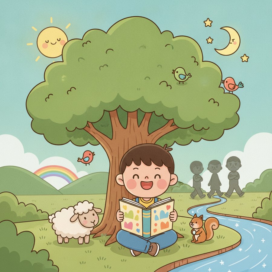 AI-generated illustration of Psalm 1:1-2 (시편 1편 1~2절), a child reading the Bible happily under a tree, with the sun and moon together in the sky