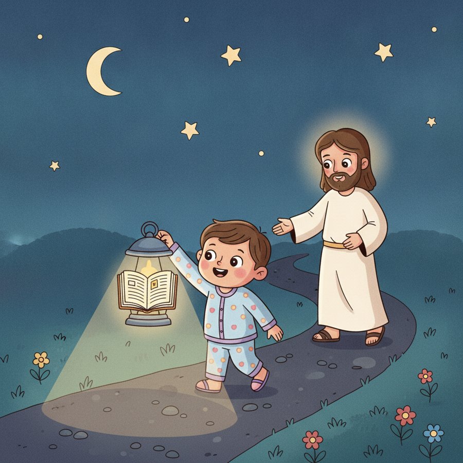 AI-generated illustration of Psalm 119:105 (시편 119편 105절), a child walking a dark path at night with light spilling from an open Bible instead of a lamp