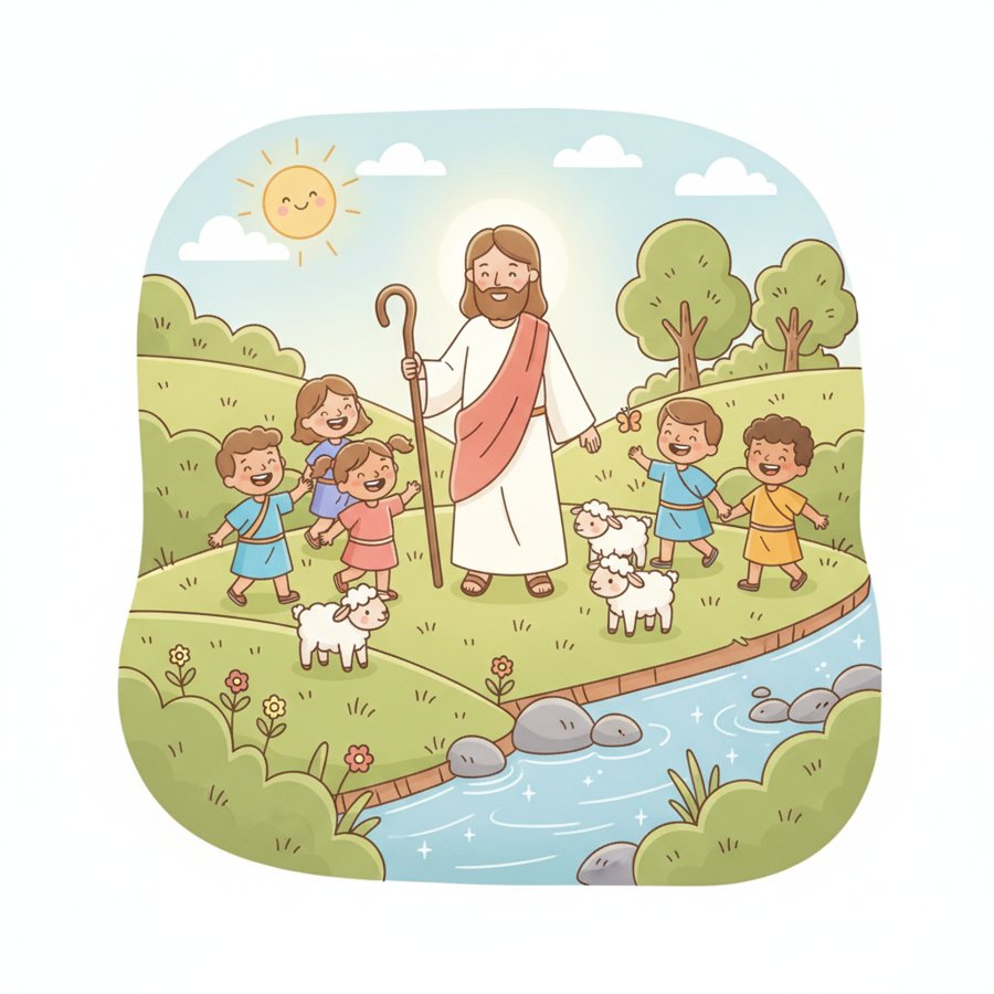 AI-generated illustration of Psalm 23:1-2 (시편 23편 1~2절), Jesus as the good shepherd leading lambs and children to green grass and a quiet stream