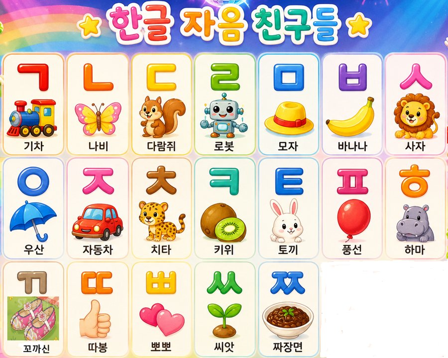 AI-generated educational poster illustrating the Korean consonants with cartoon animals