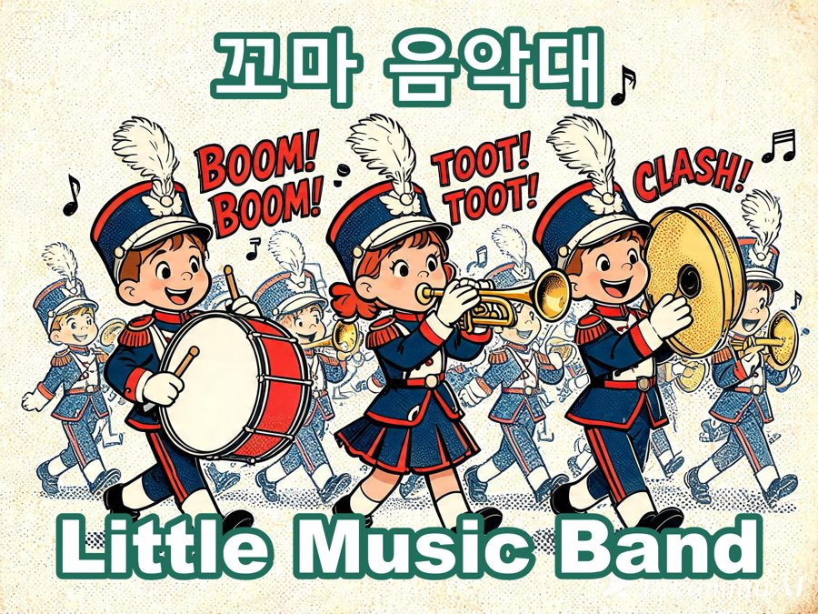 AI-generated illustration titled &lsquo;Little Music Band&rsquo;, vintage American comic strip style with children playing instruments