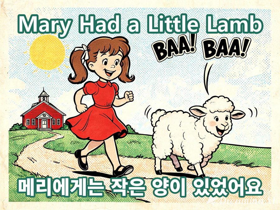 AI-generated illustration titled 'Mary Had a Little Lamb', vintage American comic strip style