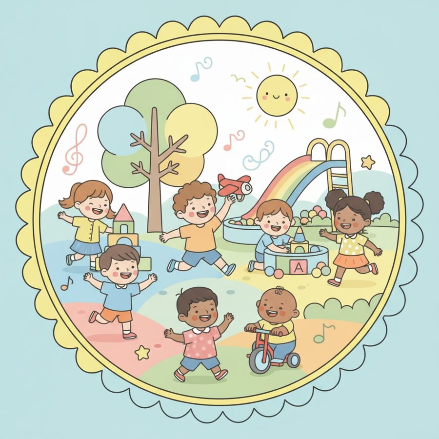 AI-generated illustration titled &lsquo;Again and Again Song&rsquo; (또또또송), a diverse group of cheerful children playing together