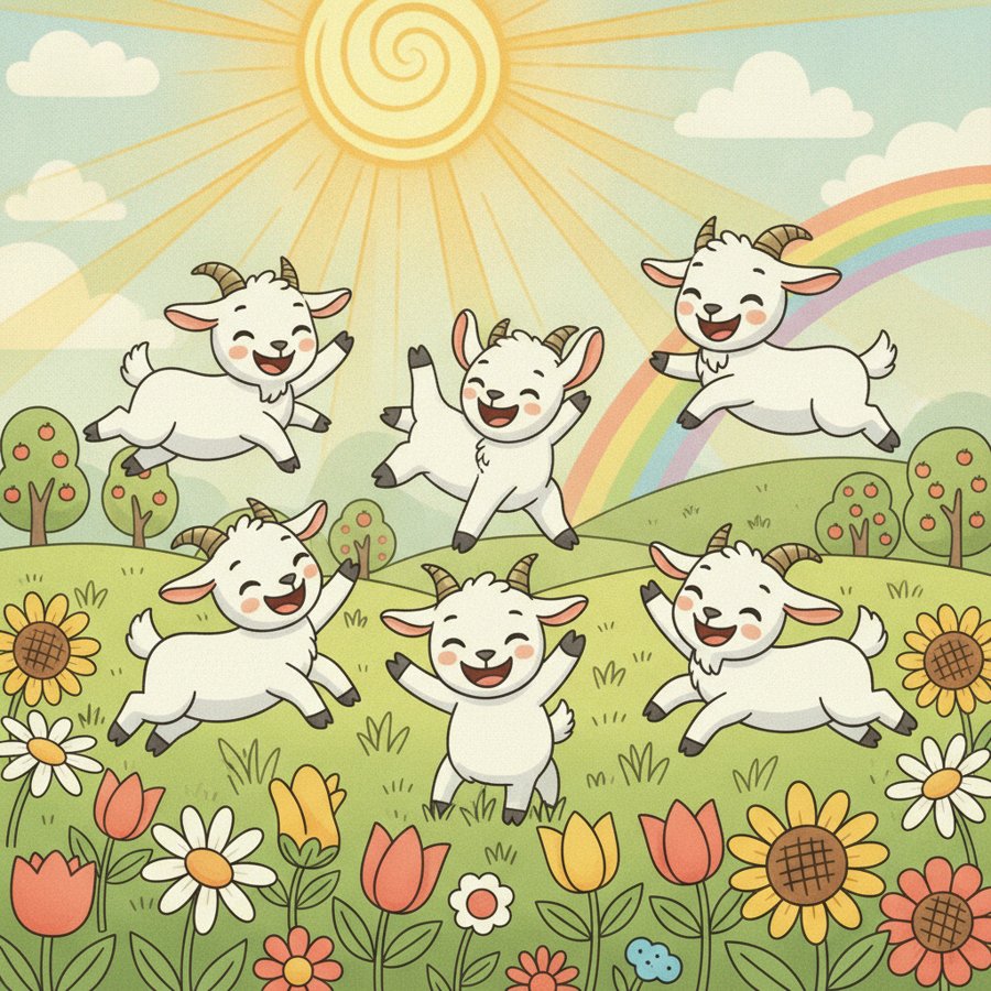 AI-generated illustration titled &lsquo;Baby Goat, Take Two&rsquo; (아기 염소), excited baby goats leaping among blooming flowers under a bright sun