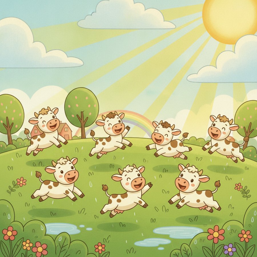 AI-generated illustration titled &lsquo;Baby Goat&rsquo; (아기 염소), joyful young calves leaping and dancing on a green hill as the sun breaks through after rain