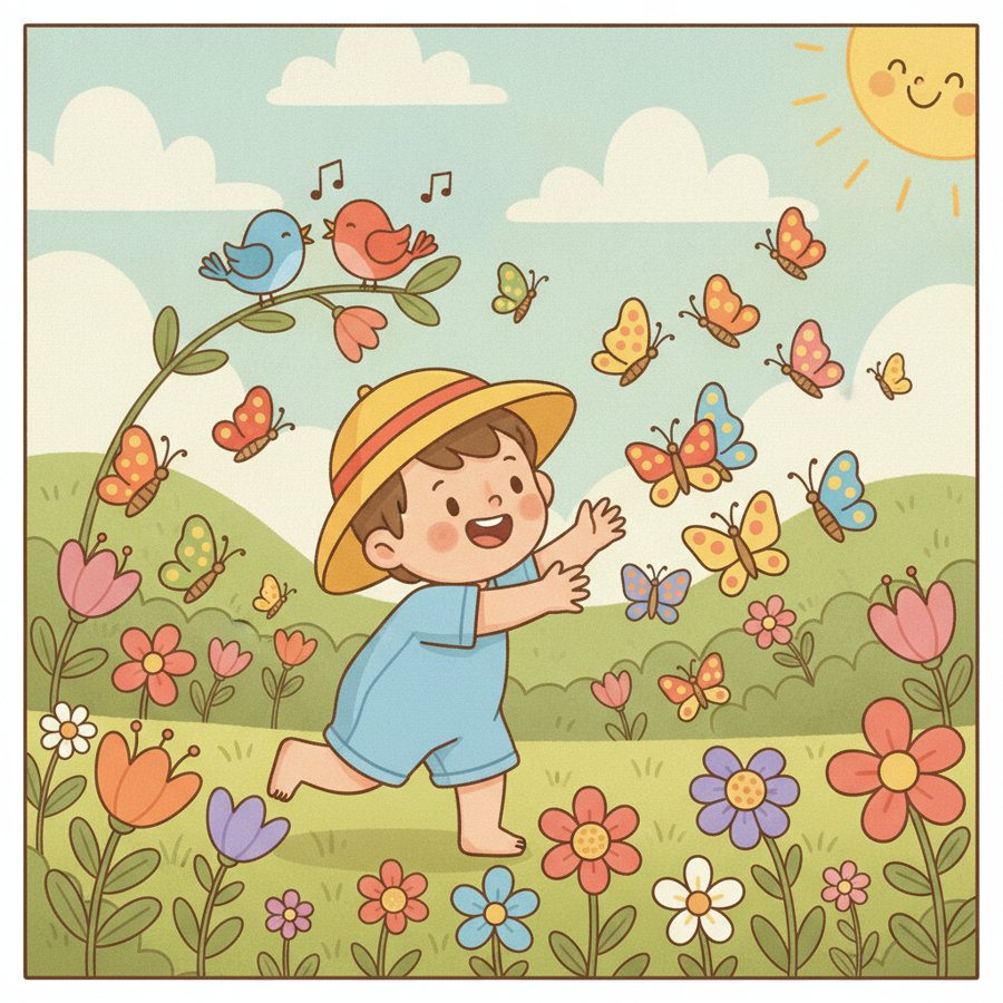 AI-generated illustration titled &lsquo;Butterfly&rsquo; (나비야), a cheerful child among colorful butterflies in a spring meadow