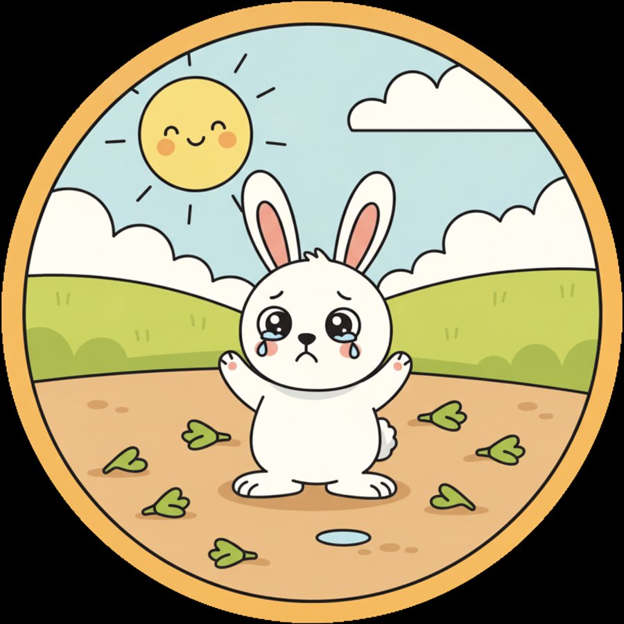 AI-generated illustration titled &lsquo;Carrot Song&rsquo; (당근송), a bewildered rabbit standing in a bare carrot field, discovering all its carrots are gone