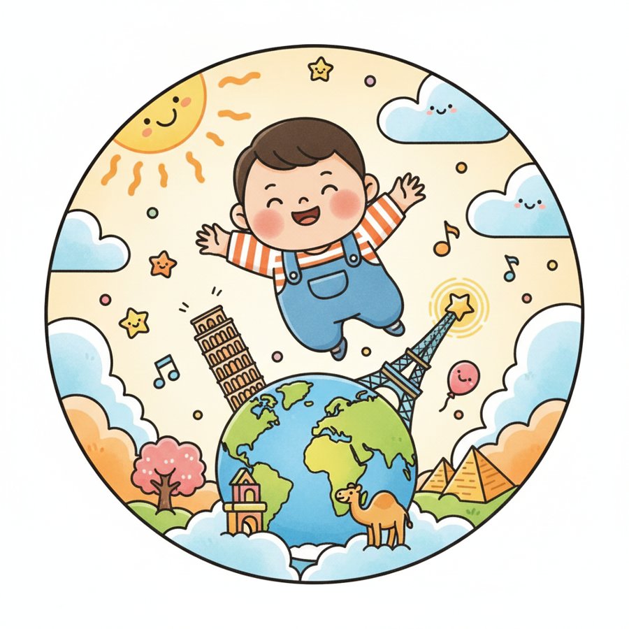 AI-generated illustration titled &lsquo;Countries Song&rsquo; (나라송), a joyful child imagining soaring across the globe past whimsical world landmarks