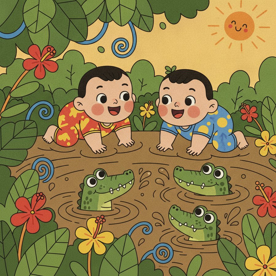 AI-generated illustration titled &lsquo;Crocodile Herd&rsquo; (악어 떼), children crawling through jungle foliage toward a muddy swamp, thrilled and wide-eyed