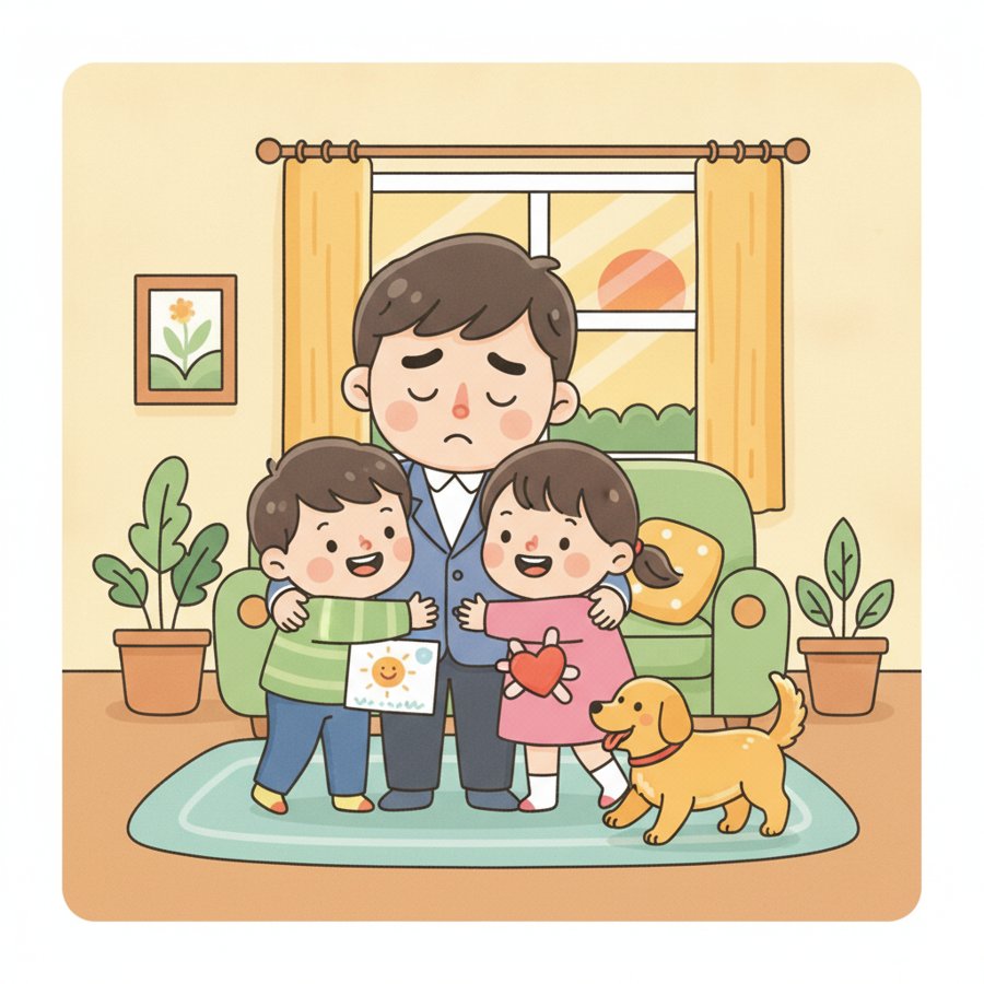 AI-generated illustration titled &lsquo;Dad, Cheer Up!&rsquo; (아빠힘내세요), children embracing their tired father as he arrives home