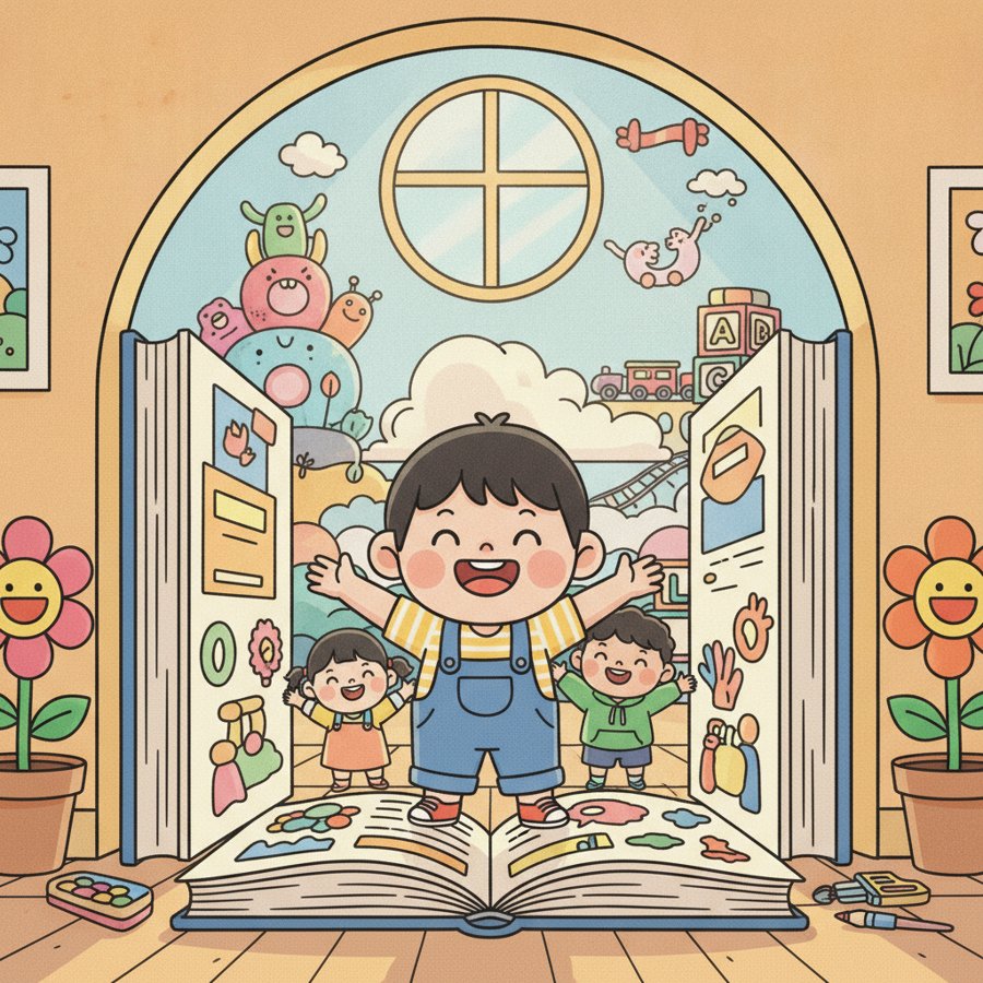 AI-generated illustration titled &lsquo;Ddolmang Song&rsquo; (똘망이송), a cheerful child welcoming friends into a vibrant playroom full of books and toys