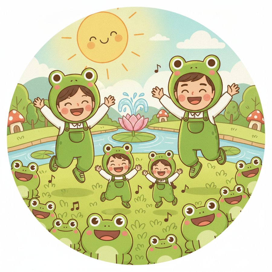 AI-generated illustration titled &lsquo;Frog Song&rsquo; (개구리송), a cheerful frog on a lily pad