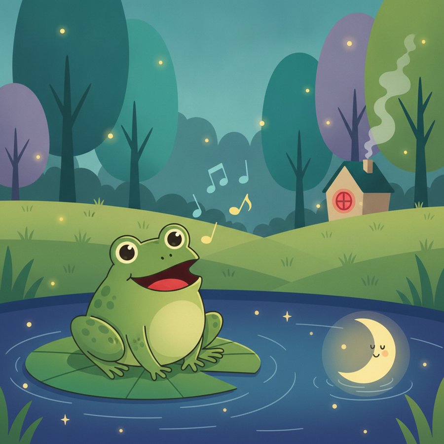 AI-generated illustration titled &lsquo;Frog Sounds&rsquo; (개구리 소리), a little frog croaking on a lily pad in a moonlit pond, a cozy house glowing in the distance
