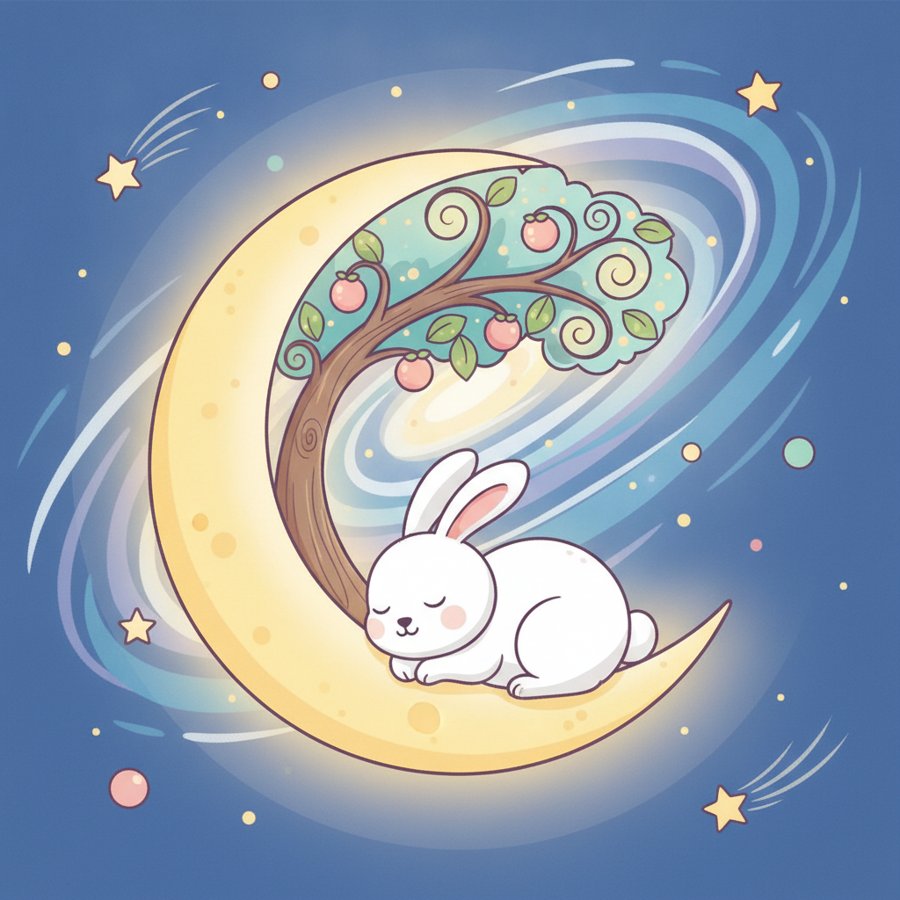 AI-generated illustration of the Korean song Half Moon (반달), a small white rabbit resting under a celestial tree on a glowing crescent moon