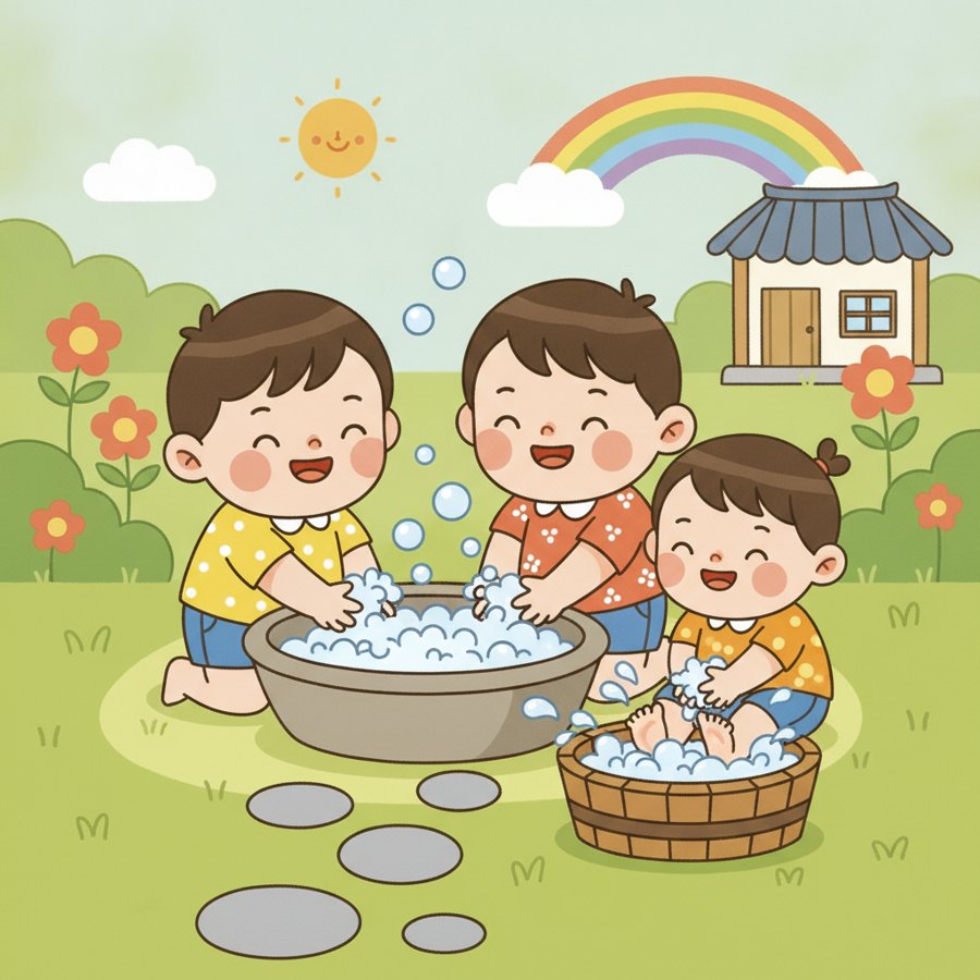 AI-generated illustration titled &lsquo;Handwashing Song&rsquo; (손씻기송), happy children washing their hands with bubbly soap and water