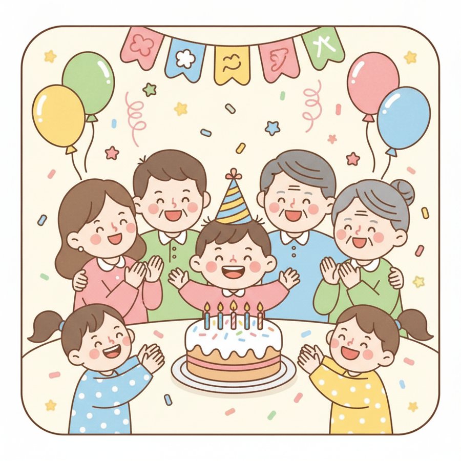 AI-generated illustration titled &lsquo;Happy Birthday&rsquo; (생일축하), a child celebrating with cake, decorations, and loving family
