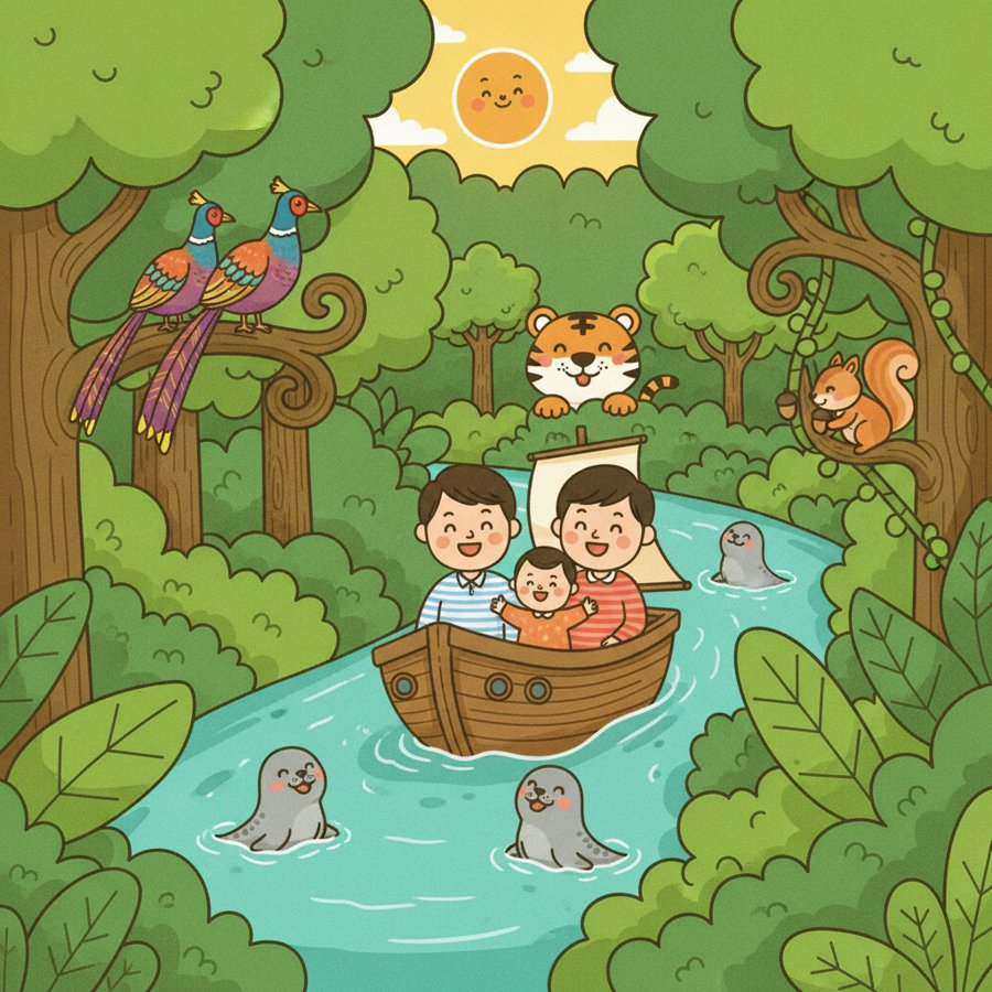 AI-generated illustration titled &lsquo;Into the Jungle&rsquo; (밀림으로), a bright children&rsquo;s song cover