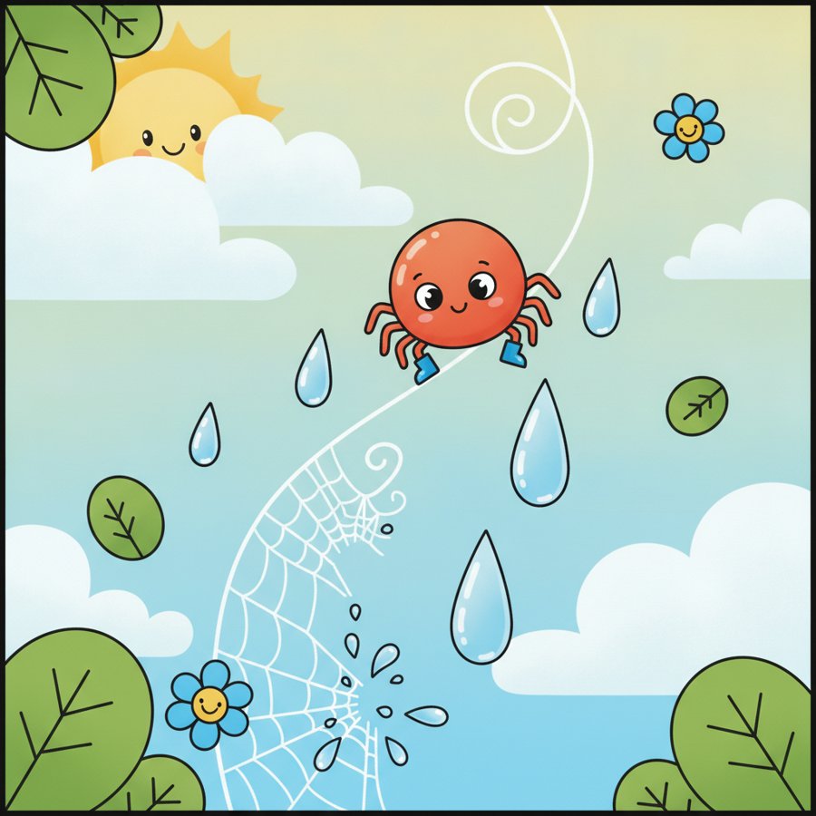 AI-generated illustration titled &lsquo;Itsy Bitsy Spider&rsquo; (거미가 줄을 타고 올라갑니다), a small spider climbing a silk strand as raindrops begin to fall