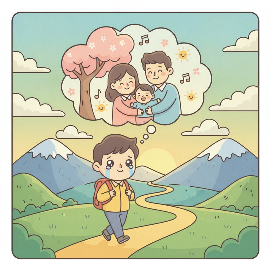 AI-generated illustration titled &lsquo;Jindo Arirang&rsquo; (진도아리랑), a solitary figure walking a winding mountain path, longing for a hopeful reunion