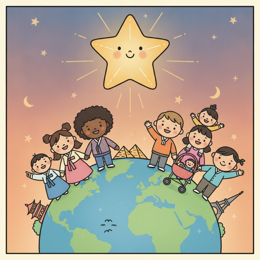 AI-generated illustration titled &lsquo;Little Star&rsquo; (작은 별), families across the globe gazing at the same twinkling star