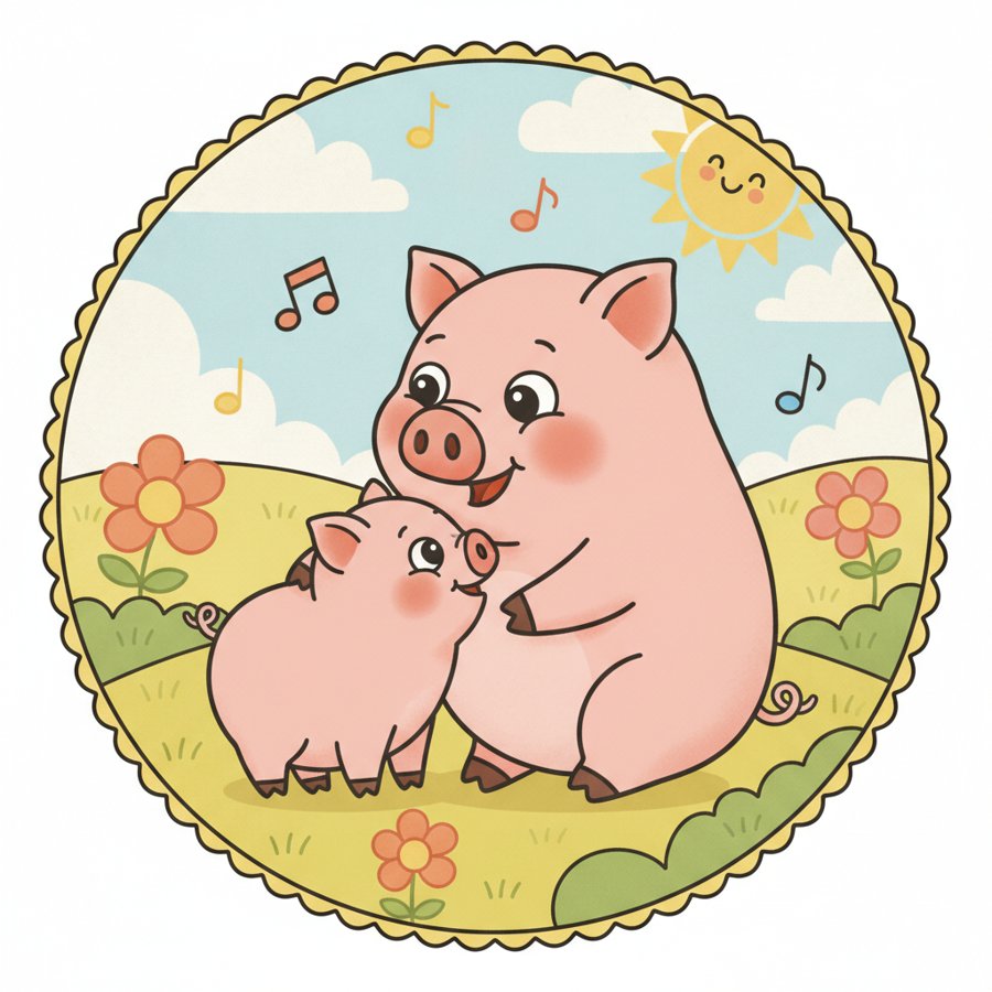 AI-generated illustration titled &lsquo;Mama Pig, Baby Pig&rsquo; (엄마돼지아기돼지), a baby pig snuggling up to its gentle mother