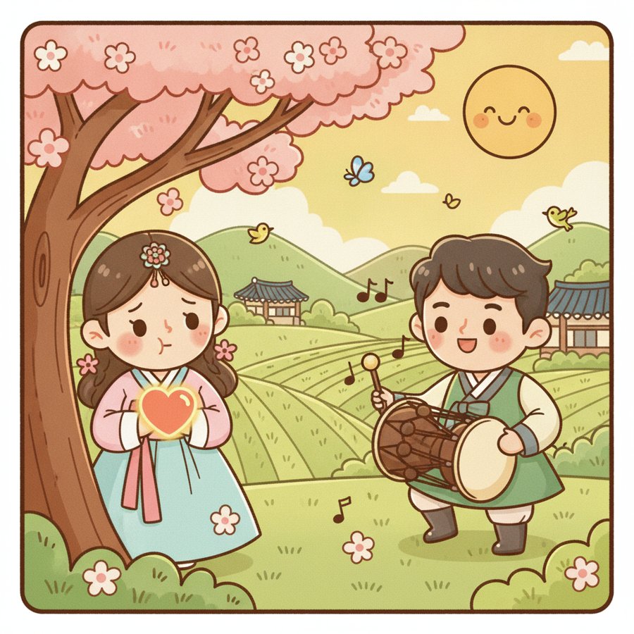 AI-generated illustration titled &lsquo;Miryang Arirang&rsquo; (밀양아리랑), a shy maiden peeking at a young man, her heart full of longing