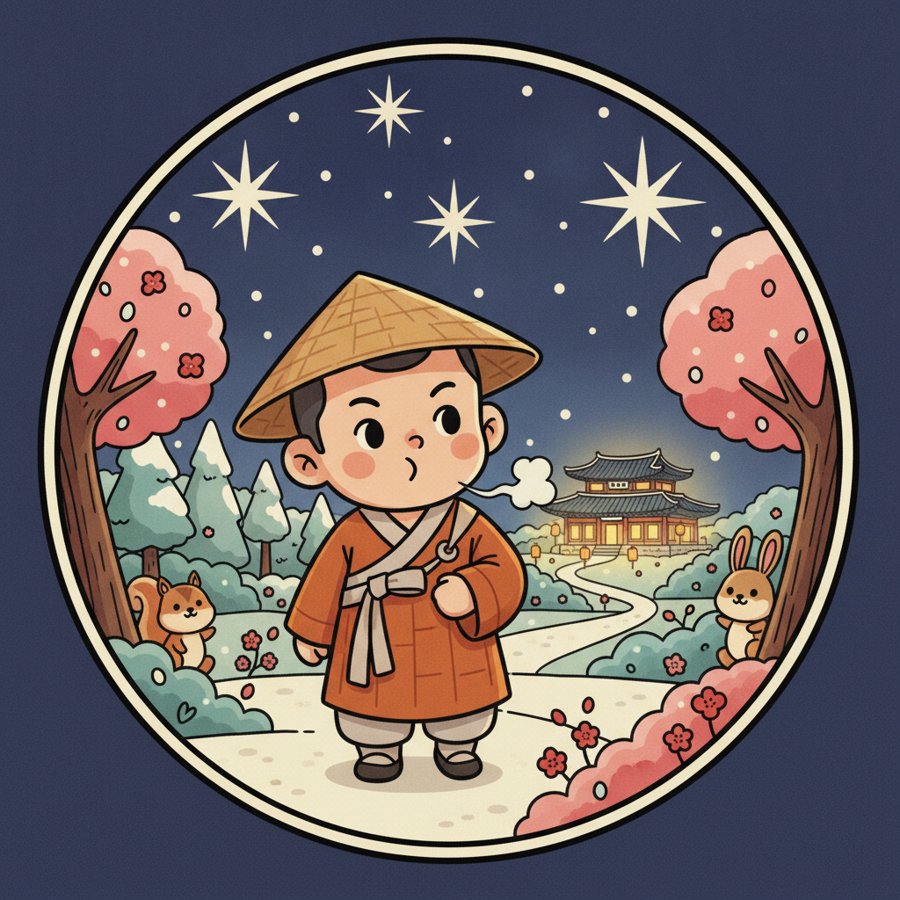AI-generated illustration titled &ldquo;The Monk&rsquo;s Dawn Song&rdquo; (탁발승의 새벽노래), a young novice monk walking under cold starlight toward a softly lit temple