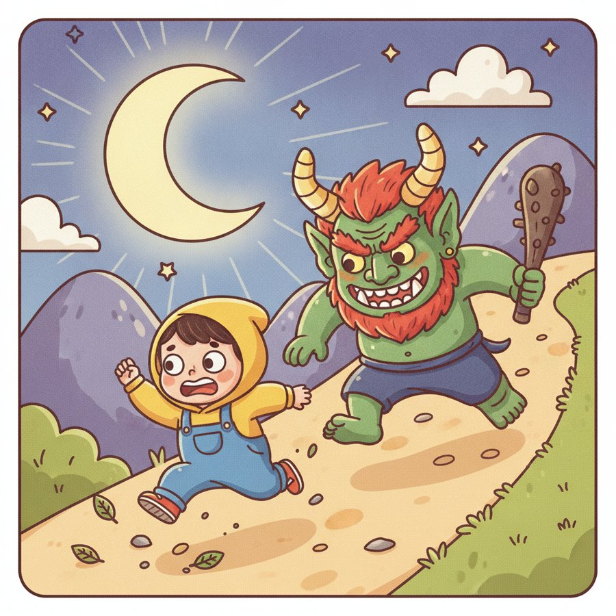 AI-generated illustration titled &lsquo;Mountain Goblin&rsquo; (산도깨비), a wide-eyed child running down a moonlit mountain path from a looming dokkaebi