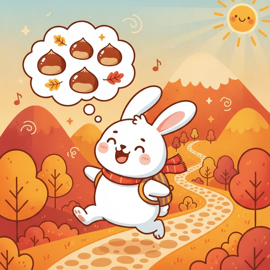 AI-generated illustration titled &lsquo;Mountain Rabbit&rsquo; (산토끼), a cheerful rabbit hopping over an autumn mountain pass, dreaming of chestnuts