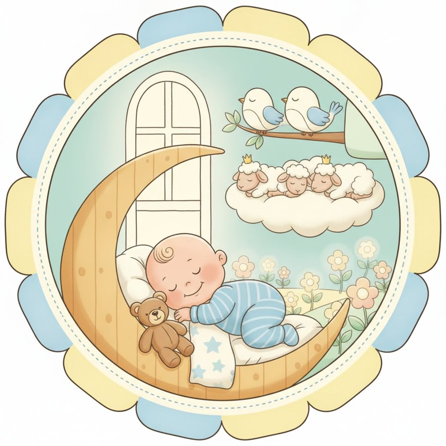 AI-generated illustration titled &ldquo;Mozart&rsquo;s Lullaby&rdquo; (모짜르트 자장가), a baby sleeping soundly in a cozy nursery under soft moonlight, sleeping birds and lambs outside