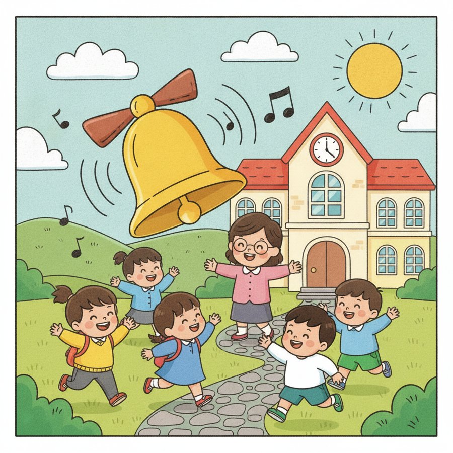 AI-generated illustration titled &lsquo;School Bell&rsquo; (학교종), a bright children&rsquo;s song cover