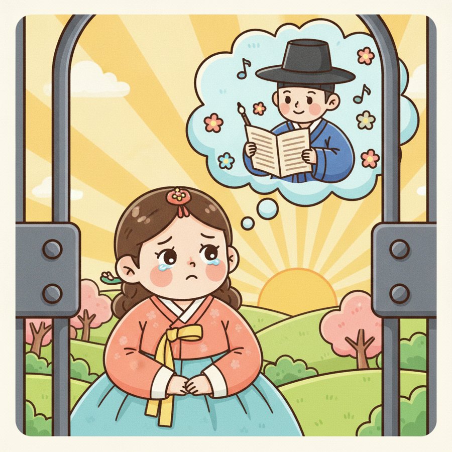 AI-generated illustration titled &lsquo;Shall We Go&rsquo; (갈까부다), a young woman in hanbok gazing wistfully, a beloved scholar in her thoughts