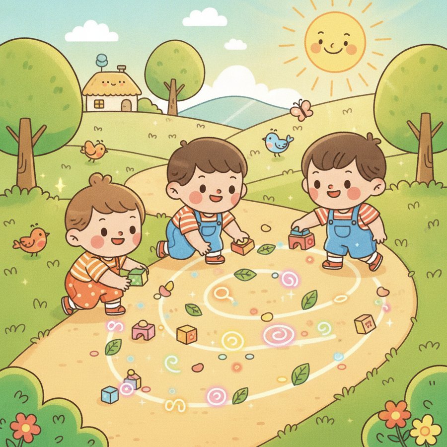 AI-generated illustration titled &ldquo;Let&rsquo;s Build a Snail&rsquo;s House&rdquo; (달팽이집을지읍시다), joyful children drawing a winding spiral on a sunlit path