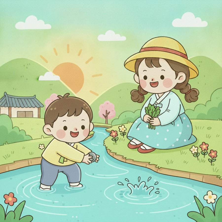 AI-generated illustration titled &lsquo;Splash Splash&rsquo; (퐁당퐁당), a bright children&rsquo;s song cover