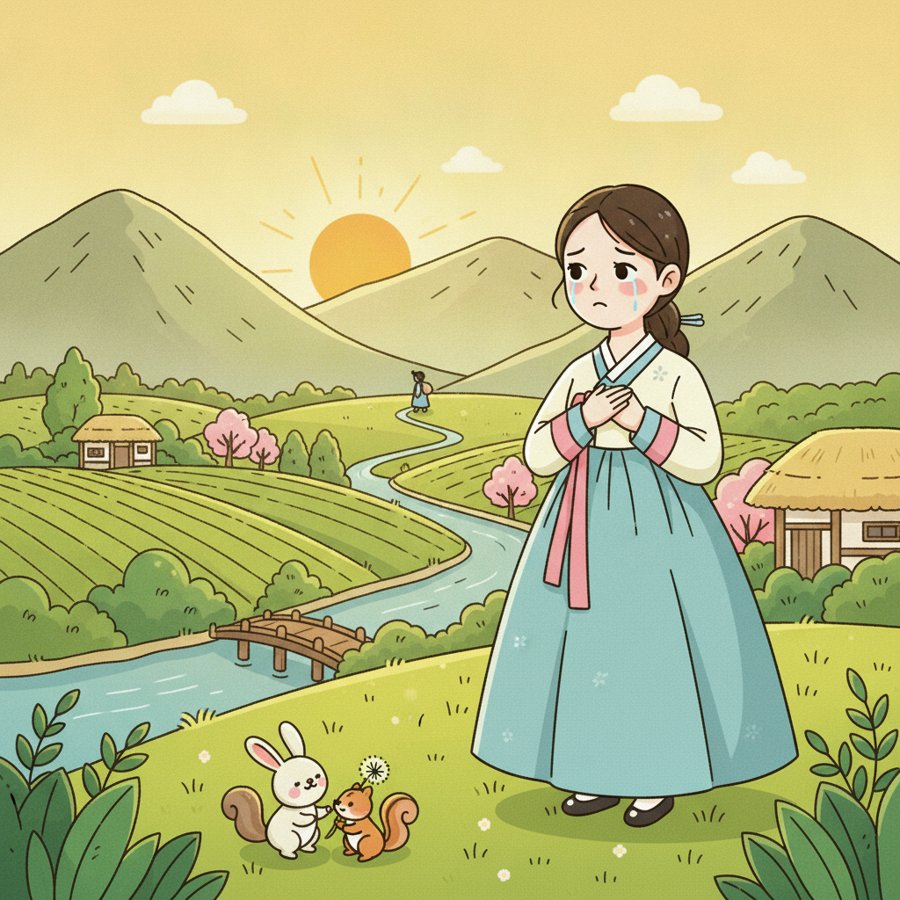 AI-generated illustration, first draft: a young woman standing in a rural landscape gazing tearfully at the horizon, no lyric details yet