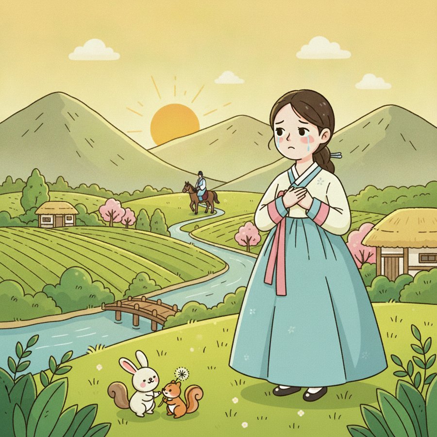 AI-generated illustration, second draft: the brother now visible riding a horse down a road toward Seoul in the background