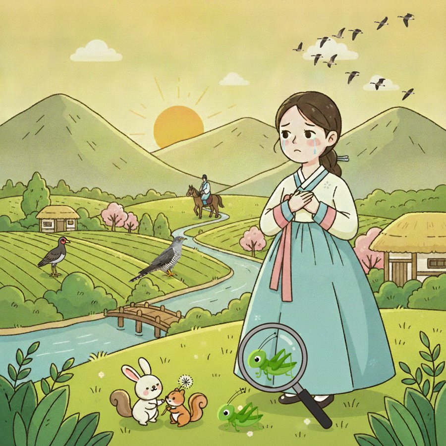 AI-generated illustration, fourth draft: a flock of geese added flying across the sky, and a magnified cricket added near her feet