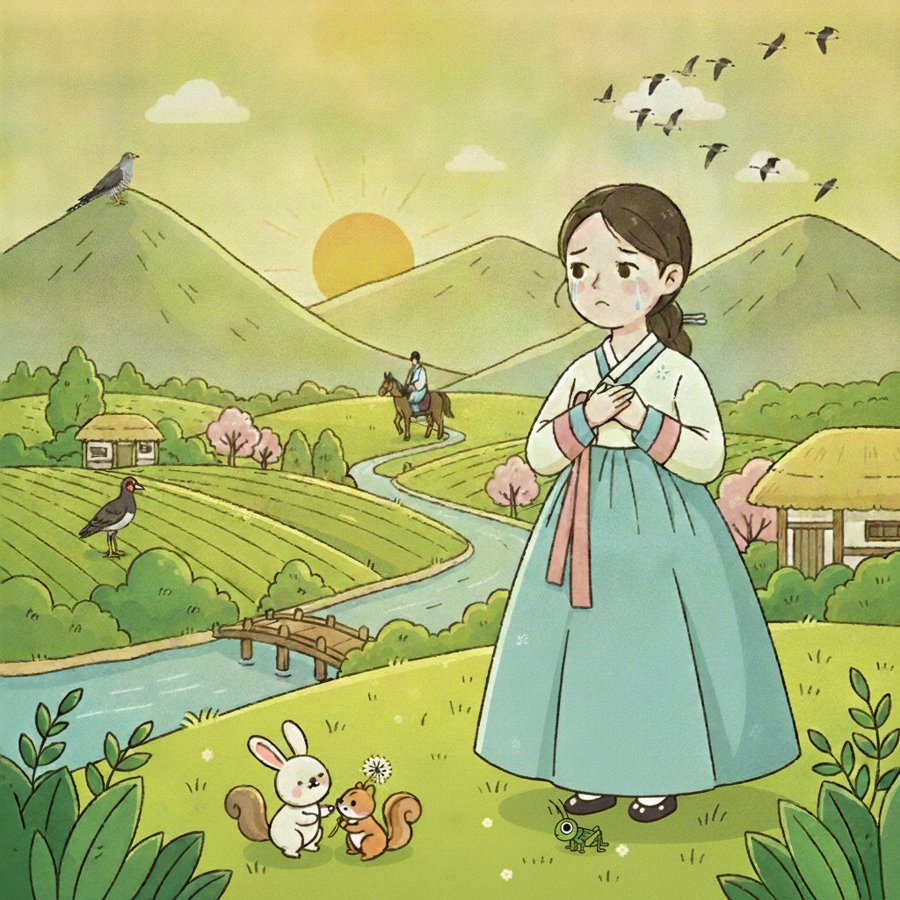 AI-generated illustration for the Korean folk song Thinking of My Brother, with a bird in the rice paddy, a cuckoo on the mountain, a brother riding a horse toward Seoul, a flock of geese, and a small cricket, all in one picture