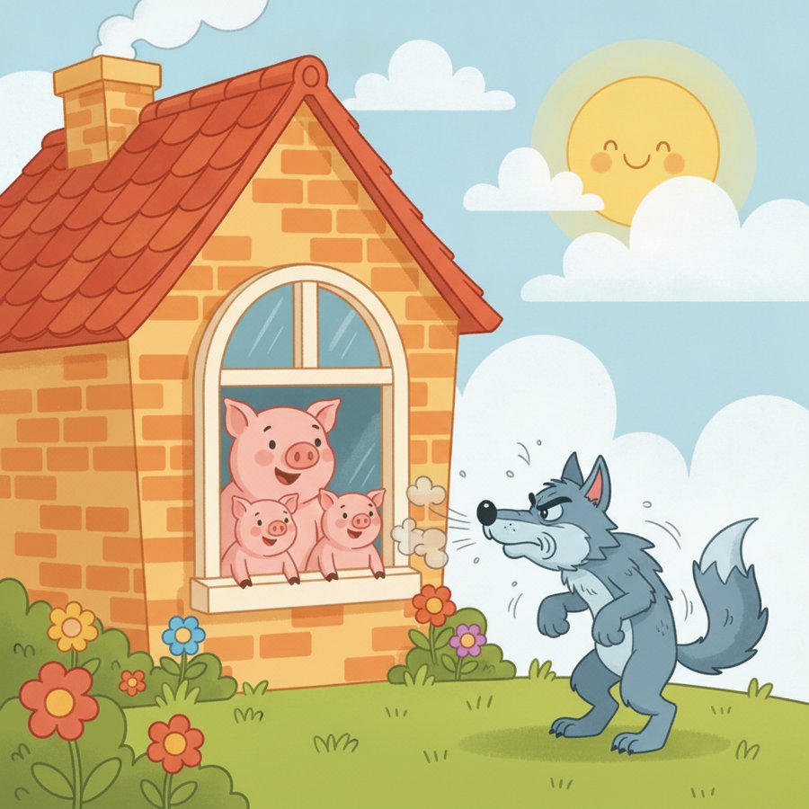 AI-generated illustration titled &lsquo;The Three Little Pigs&rsquo; (아기돼지 삼형제), three pigs safe in their brick house watching a frustrated wolf outside