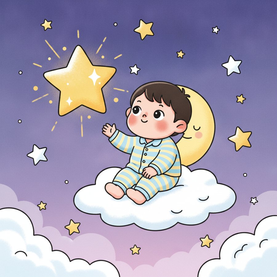 AI-generated illustration titled &lsquo;Twinkle Twinkle Little Star&rsquo; (반짝반짝 작은별), a child gazing up at a beautifully twinkling star in a serene night sky
