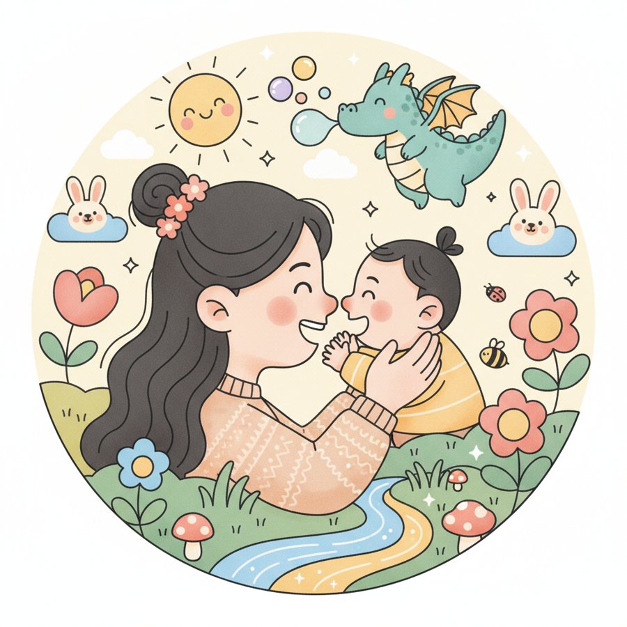 AI-generated illustration titled &lsquo;What Is This Song&rsquo; (이게뭐야송), a mother tenderly interacting with her baby, close and curious