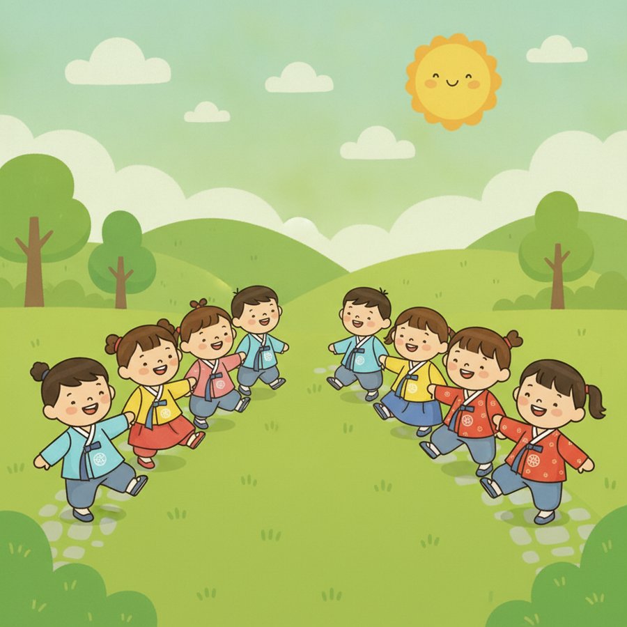 AI-generated illustration titled &lsquo;Why Did You Come to My House&rsquo; (우리 집에 왜 왔니), a bright children&rsquo;s game-song cover